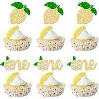 24Pcs Lemon One Cupcake Toppers Glitter Fruit Lemonade First Birthday Cupcake Picks For Lemon Theme Baby Shower 1St Birthday Party Cake Decorations Supplies