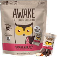 Awake - Caffeinated Chocolate Bites - Almond Sea Salt Dark Chocolate (No Sugar Added), 50 Bites - 50Mg Caffeine - Energy Bites - Coffee Alternative - Fairtrade, Gluten Free, Non Gmo - 0.48Oz