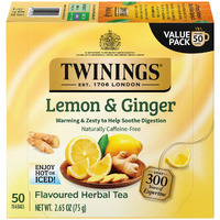 Twinings Lemon & Ginger Herbal Tea, 50 Count (Pack Of 6), Individually Wrapped Bags, Tangy Lemon & Spicy Ginger, Decaffeinated, Enjoy Hot Or Iced
