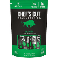 Chef's Cut Smoked Beef And Pork Jerky Snack Sticks, Jalapeo, High Protein Meat Snack, Individually Wrapped, 8G Protein, 90 Calories, Gluten Free - 1Oz (12Ct Pouch)