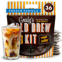 Grady's Cold Brew, Cold Brew Coffee Concentrate, French Vanilla, Cold Brew Kit With 12 (2Oz.) Bean Bags Plus 1 Pour And Store Pouch Included, New Orleans Style Cold Brew Concentrate, 36 Total Servings