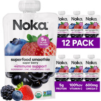 Noka Superfood Fruit Smoothie Pouches, Super Berry With Immune Support, Healthy Snacks With Elderberry, Flax Seed, Plant Protein, And Prebiotic Fiber, Gluten Free And Vegan, 4.22 Oz, 12 Count