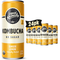 Liquid Remedy Kombucha Sugar Free Organic Drink, Low Calorie, Probiotic Like Tea For Gut Health - Ginger Lemon - 8.5 Fl Oz Can, 24-Pack