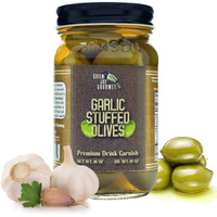 Green Jay Gourmet Garlic Stuffed Olives - Stuffed Green Olives For Cocktail Garnish & Cheese Board Recipes - Dirty Martini Olives & Cocktail Olives - Gourmet Olives - All Natural - Large - 16 Ounces