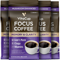 Vitacup Focus Mushroom Coffee Grounds, With Lions Mane, Chaga, B Vitamins, D3, Boost Focus, Immunity, Memory & Clarity, Medium Dark Roast, Bold & Smooth 100% Arabica Specialty, 4 Bags, 10Oz Each