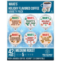 Maud's Holiday Flavored Coffee Pods Variety Pack, 42 Ct | 6 Assorted Blends | 100% Arabica Flavored Coffee | Solar Energy Produced Recyclable Single Serve Pods Compatible With Keurig K-Cup Brewers