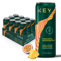 Key Ketone Energy Drink : Sugar Free, 80Mg Low Caffeine, All Natural, 11.5G Ketones, Long Lasting Energy, Green Tea & L-Theanine For Mental Focus, Pineapple Passionfruit (Pack Of 12)