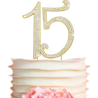 15 Cake Topper - Premium Gold Metal - 15Th Birthday Or Anniversary Party - Sparkly Rhinestone Quinceanera Cake Topper Decoration Makes A Great Centerpiece - Now Protected In A Box