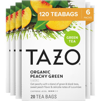 Tazo Organic Peachy Green Tea Bags, Moderate Caffeinated Tea, 120 Total Tea Bags (20Ct - Pack Of 6)
