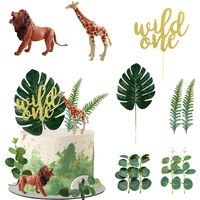 Realistic Safari Jungle Animals Cake Toppers With Plam Leaf Eucalyptus Leaves Cake Decorations For Wild Themed Birthday Baby Shower Party (Wild One)