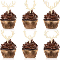30 Pieces Antler Cupcake Toppers Wooden Reindeer Cake Topper Christmas Deer Cake Picks For Baby Shower Wedding Hunting Rustic Birthday Party Favors, 6 Styles