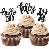 24 Pcs Black Glitter 50Th Birthday Cupcake Toppers For 50Th Birthday Celebrating Party Decorations