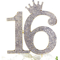 Number 16 Rhinestone Princess Crown Monogram Cake Topper - Sweet 16Th Birthday Party (Gold)