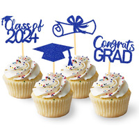 Moitkptt 2024 Graduation Topper, Set Of 24 (Blue) - Includes 4 Styles: Grad Cap, Diploma, 'Class Of 2024', 'Congrats'