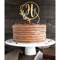 Kiskistonite Initials H Cake Topper, Monogram Cake Topper H, Rustic Wedding Cake Topper, Wreath Letter H Cake Topper, Mirror Gold Wedding Cake Decoration