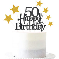 Pargleev Glittery 50Th Happy Birthday Cake Topper With Star,Personalised 50 Birthday Cake Toppers Party Decorations Party Supplies For Men Women Black Gold
