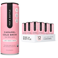 Pop & Bottle, Oat Milk Lattes - Cold Brew With Lions Mane & Reishi, Mct Oil, Single Shot Cold Brew, Mushrooms, Organic, Dairy Free, Gluten Free, Great As Iced Coffee, Lightly Sweetened With Dates - Caramel, 8 Fl Oz (12 Pack)