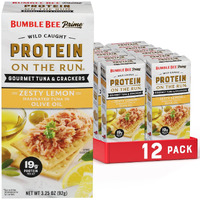 Bumble Bee Prime Protein On The Run Tuna Snack Kit, Pack Of 12 - Gourmet Tuna Marinated In Olive Oil & Zesty Lemon With Crackers And Serving Utensil - 19G Of Protein Per Serving
