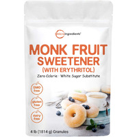 Monk Fruit Sweetener With Erythritol Granules, 4 Pounds, No After Taste, 1:1 White Sugar Substitute, Keto Diet Friendly, Zero Calorie, Natural Sweetener For Drinks, Coffee, Tea, Cookies, No-Gmo, Vegan