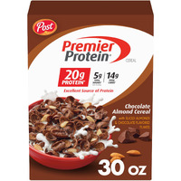 Post Premier Protein Chocolate Almond Cereal, Chocolatey Protein Cereal Flakes With Sliced Almonds, Contains 20G Of Protein Per Serving, 30 Oz Box