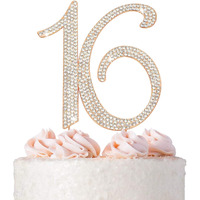 16 Cake Topper - Premium Rose Gold Metal - Sweet 16 Birthday Party Sparkly Rhinestone Decoration Makes A Great Centerpiece - Now Protected In A Box