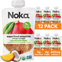 Noka Superfood Fruit Smoothie Pouches, Mango Coconut, Healthy Snacks With Flax Seed, Plant Protein And Prebiotic Fiber, Vegan And Gluten Free Snacks, Organic Squeeze Pouch, 4.22 Oz, 12 Count