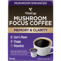 Vitacup Focus Mushroom Coffee Pods, Boost Focus & Immunity W/Lions Mane, Chaga, B Vitamins, D3 For Memory & Clarity, Medium Roast, Recyclable Single Serve Pod Compatible W/Keurig K-Cup Brewers,64 Ct