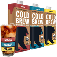 Wandering Bear Extra Strong Organic Cold Brew Coffee, Variety Pack, 32 Fl Oz, 3 Pack - Vanilla, Caramel, & Mocha - Ready To Drink Iced Coffee, Cold Brewed Coffee, Cold Coffee