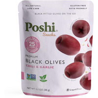 Poshi Marinated Kalamata Style Pitted Olives | Chili & Garlic | Vegan, Kosher, Gluten Free + Keto Friendly, Fresh, All Natural Low Calorie Healthy Snacks | (30 Pack, 1.1Oz Bags)