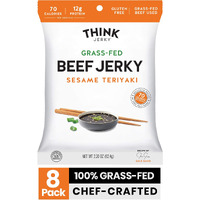 Think Jerky, Sesame Teriyaki Beef Jerky (2.2 Ounce Bags, Pack Of 8 Bags) - Delicious Chef Crafted Jerky, Grass-Fed Beef Jerky, Gluten Free, No Antibiotics Or Nitrates - Healthy Protein Snack, Low Calorie And Low Fat
