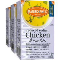 Manischewitz Reduced Sodium Chicken Broth 17Oz (3 Pack), Flavorful, Kettle Cooked, Slowly Simmered, Kosher For Passover