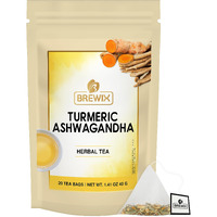 Brewix, Turmeric Ashwagandha Herbal Tea Bags (20 Pyramid Tea Bags) Real Ingredients From India, Caffeine Free & Naturally Gluten Free | 100% Pure Herbal Blend Packed In Resealable Ziplock Pouch