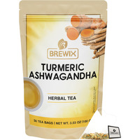 Brewix, Turmeric Ashwagandha Herbal Tea Bags (50 Pyramid Tea Bags) Real Ingredients From India, Caffeine Free & Naturally Gluten Free | 100% Pure Herbal Blend Packed In Resealable Ziplock Pouch