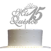 Mis Quince 15 Quinceanera Glitter Cake Topper, Fifteen Birthday Party Decorations Ideas, Premium Quality Decoration, Sturdy Doubled Sided Glitter, Acrylic Stick. Made In Usa (Silver)