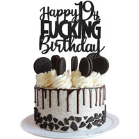 Happy 19Th Fuxking Birthday Cake Topper - Funny Black Glitter Adult 19Th Birthday Cake Supplies - Hello 19 Birthday Cake Decoration