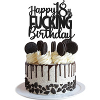 Happy 18Th Fuxking Birthday Cake Topper - Funny Black Glitter Adult 18Th Birthday Cake Supplies - Hello 18 Birthday Cake Decoration