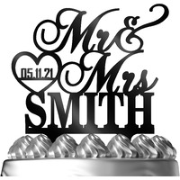Wedding Cake Toppers, Personalized Mr & Mrs Heart, Custom Wedding Date & Last Name To Be Bride & Groom | Solid Color Cake Toppers, Wedding Party Decor, Wedding Cake Decoration, Engagement Decoration