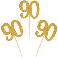 Donoter 50Pcs 90Th Cupcake Toppers Gold Glitter Number 90 Cake Picks For Birthday Anniversary Party Decoration