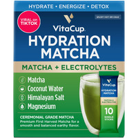 Vitacup Hydration Matcha Instant Packets, For Natural Energy And Detox, W/Electrolytes, Ceremonial Grade Organic Matcha, Coconut Water, Pink Himalayan Salt, Magnesium, In Single Serve Sticks, 10 Ct