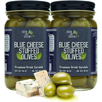 Green Jay Gourmet Blue Cheese Stuffed Olives - Cheese Stuffed Green Olives For Cocktail Garnish & Cheese Board - Dirty Martini Olives - Gourmet Olives - All Natural - Large - 2 X 16 Ounces