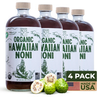 Healing Noni - 4-Pack Glass Bottle 32Oz - 100% Pure Hawaiian Organic Noni Juice - All-Natural Unsweetened Fresh Fruit - Farm Direct - Usda Certified