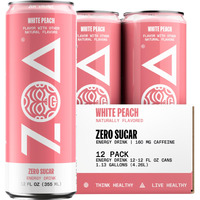 Zoa Zero Sugar Energy Drinks, White Peach - Sugar Free With Electrolytes, Healthy Vitamin C, Amino Acids, Essential B-Vitamins, And Caffeine From Green Tea - 12 Fl Oz (12-Pack)