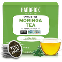 Handpick, Organic Moringa Tea Bags (100 Count) Non-Gmo, Caffeine Free, Usda Organic Ingredients- Pure Moringa Leaves | Sweet And Light Herbal Tea Bags, Round Eco-Conscious Tea Bags