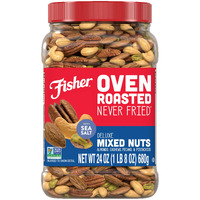 Fisher Oven Roasted Never Fried Deluxe Mixed Nuts, 24 Ounces (Pack Of 1), Almonds, Cashews, Pecans, Pistachios, Snacks For Adults, Made With Sea Salt, No Added Oil, Artificial Ingredients Or Preservatives, Trail Mix, Gluten Free