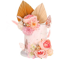 22 Pcs Boho Cake Topper Flower Cake Toppers Flower Palm Leaves Faux Flowers Butterfly Balls Butterfly Cake Topper Decorations Fall Baby Shower Wedding Birthday Holiday Party Supplies (Pink)