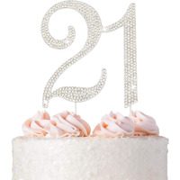 21 Cake Topper - Premium Silver Metal - 21St Birthday Party Sparkly Rhinestone Decoration Makes A Great Centerpiece - Now Protected In A Box