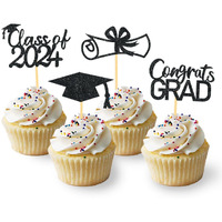 2024 Graduation Cupcake Toppers, Class Of 2024 Cupcake Toppers For Graduation Decorations, Congrats Grad Graduation Cake Decorations - Set Of 24 (Black)