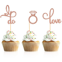 Donoter 48 Pcs Rose Gold Glitter Diamond Ring Cupcake Toppers Love I Do Cake Picks For Wedding Engagement Party Decorations