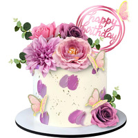 20 Pcs Flower Cake Toppers Butterfly Cake Decorations Happy Birthday Cake Toppers With Pink Purple Flowers Eucalyptus Butterflies For Birthday Party Wedding Baby Shower Supplies (Pink Purple)