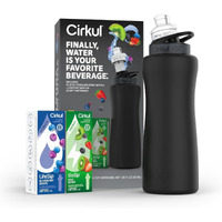 Cirkul 32Oz. Matte Black Stainless Steel Water Bottle Starter Kit With Black Lid And 2 Flavor Cartridges (1 Lifesip Blueberry Grape, 1 Gosip Kiwi Berry) Zero Calories And No Sugar